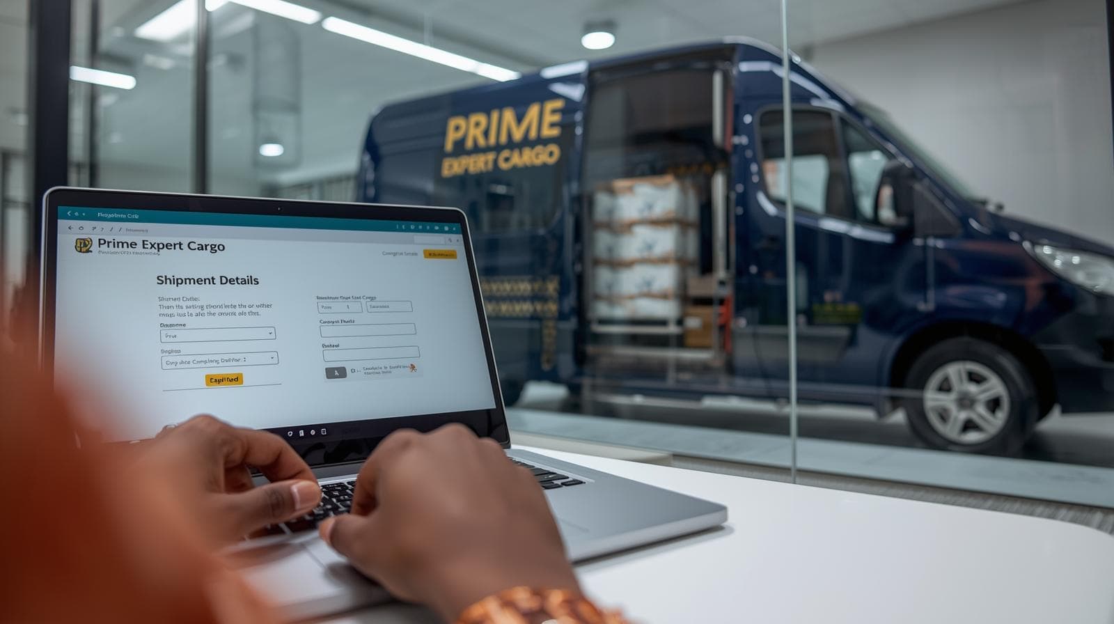 A customer completing the shipment details form on a laptop, with a Prime Expert Cargo van behind