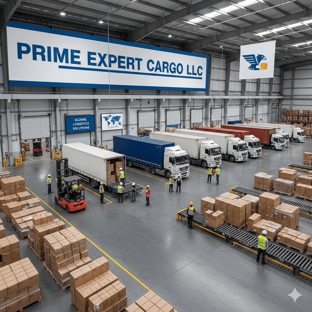 A Prime Expert Cargo warehouse with trucks at the docks and pallets of boxes