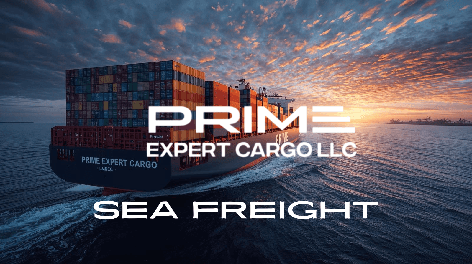 Sea freight: a loaded container ship at dusk